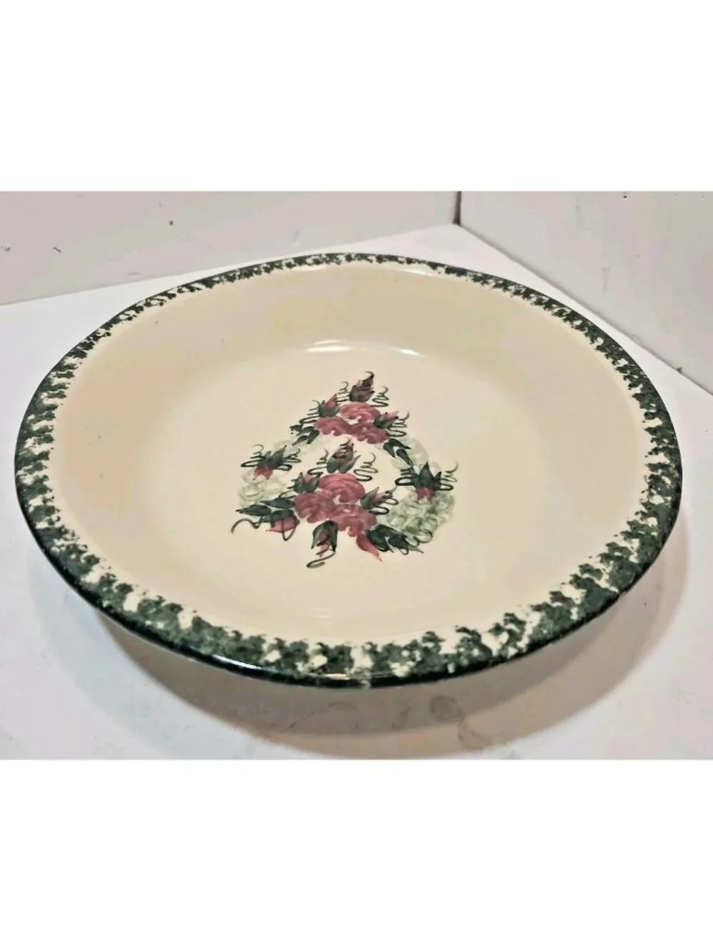 Vintage East Texas Potteries Pie Plate Sponged Border Floral Heart Pink Green